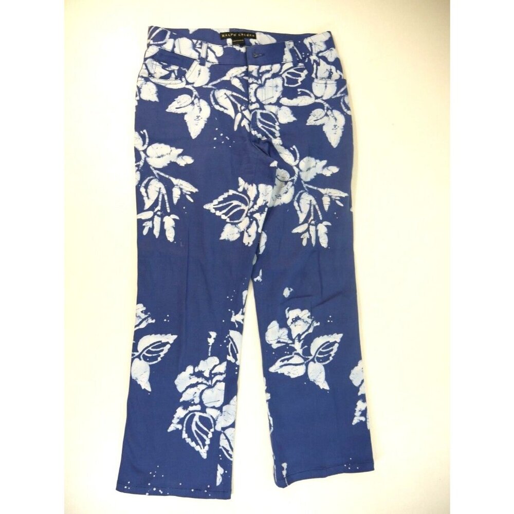 Ralph Lauren Blue Batik White Floral Print Capri Cropped Pants Womens Medium***